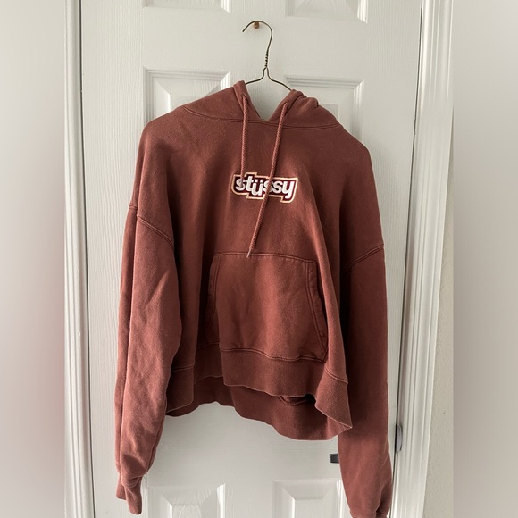 Warm light brown logo embroidered cropped hoodie - Picture 1 of 3